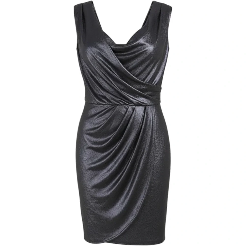 Maggy London Womens Metallic Cowl Neck Draped Sheath Cocktail Dress Grey Size 12